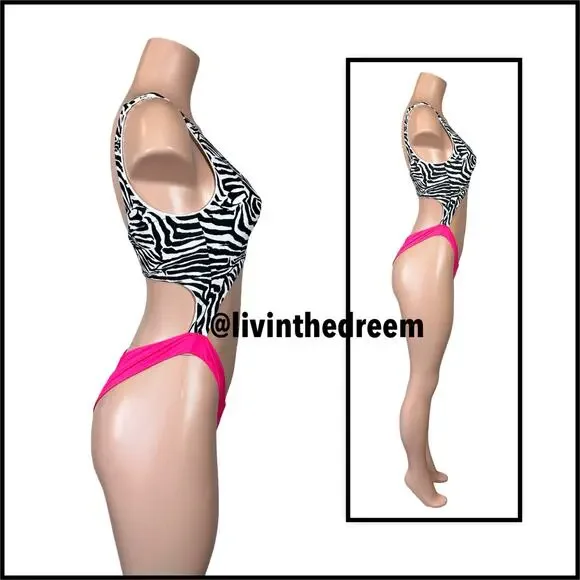 Beach Bunny Kelly Monokini One Piece Zebra Stripe and Barbie Pink SZ L $170